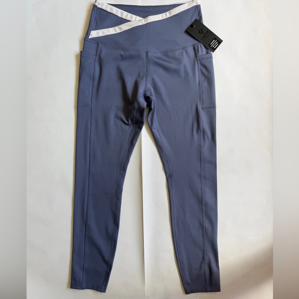 High-Rise Slate Blue Leggings with Contrast White Waistband